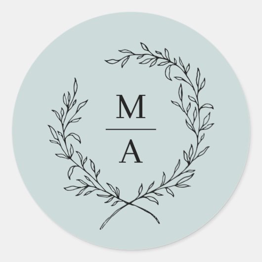 Light Blue Simple Elegant Laurel Wreath Monogram Runder Aufkleber (Vorderseite)