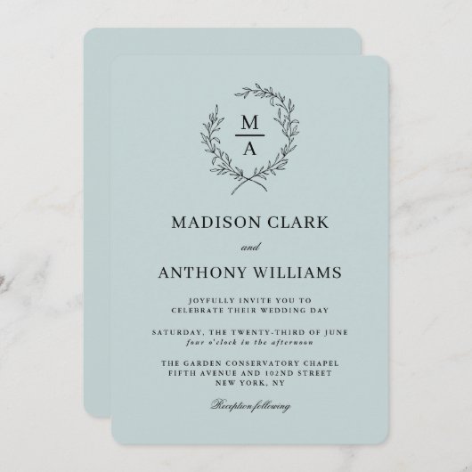 Light Blue Simple Elegant Monogram Wedding Einladung (Vorne/Hinten)