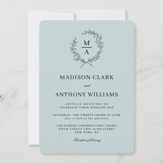 Light Blue Simple Elegant Monogram Wedding Einladung (Vorderseite)