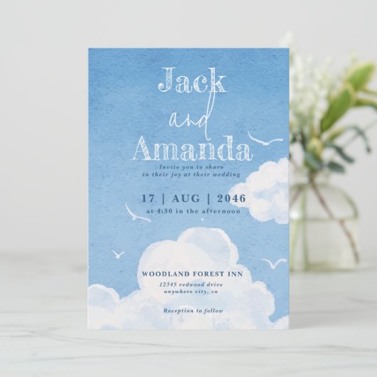 Light Blue Sky Relaxing Wedding Invitation Cards Einladung (Stehend Vorderseite)