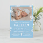 Light Blue Snowflakes Foto Winter Boy Taufe Einladung (Stehend Vorderseite)