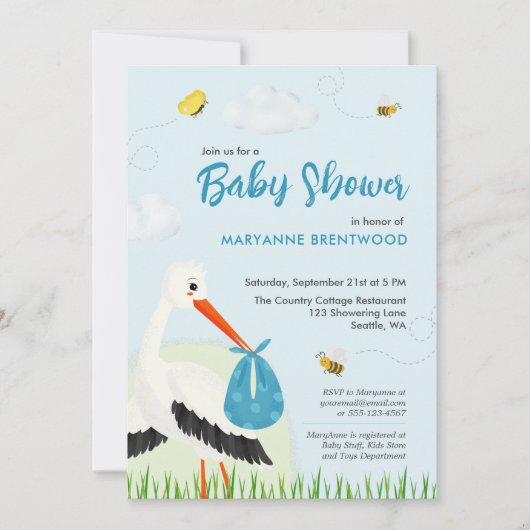 Light Blue Stork Baby Dusche Einladung (Vorderseite)