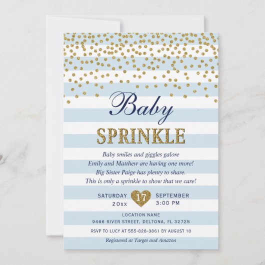 Light Blue Stripe Confetti Baby Boy Sprinkle Einladung (Vorderseite)