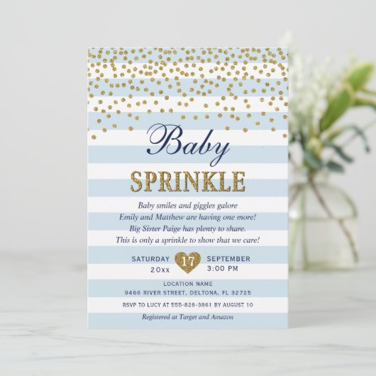 Light Blue Stripe Confetti Baby Boy Sprinkle Einladung (Stehend Vorderseite)