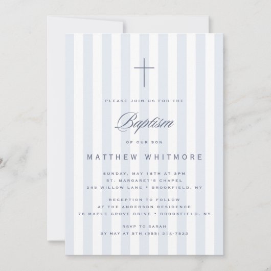 Light Blue Striped Boy Baptism Invitation Einladung (Vorderseite)