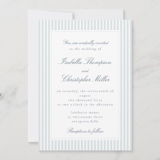 Light Blue Striped Modern Script Wedding Invitatio Einladung (Vorderseite)