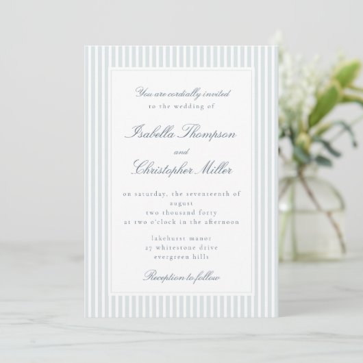 Light Blue Striped Modern Script Wedding Invitatio Einladung (Stehend Vorderseite)