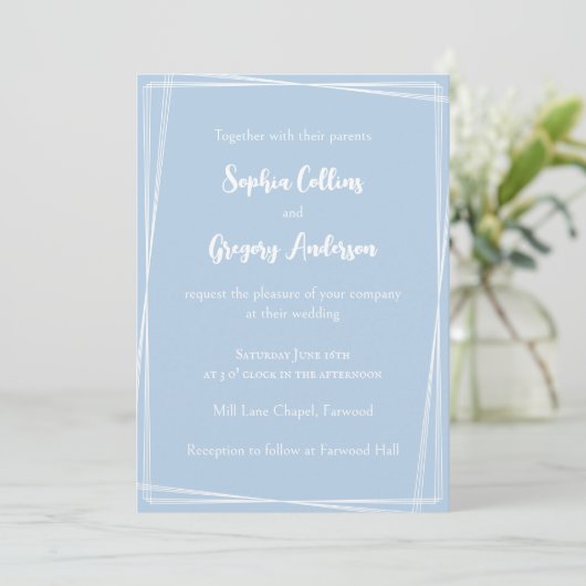 Light Blue Stylish Script Geometric Frame Wedding Einladung (Stehend Vorderseite)