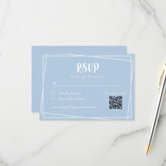 Light Blue Stylish Script QR Wedding RSVP Card (Vorderseite/Rückseite Beispiel)