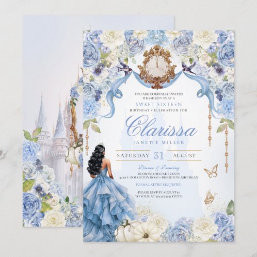 Light Blue Sweet 16 Aschenella V2 Einladung (Vorne/Hinten)