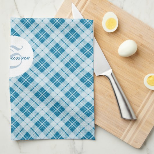 Light Blue Tartan Weihnachtsmuster Monogram Geschirrtuch (Viertel Falte)