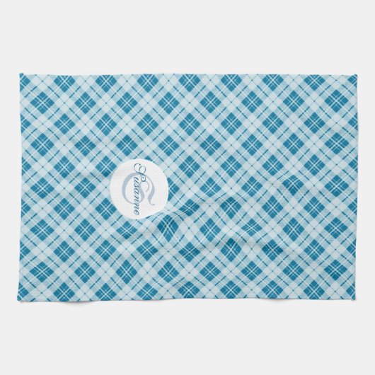 Light Blue Tartan Weihnachtsmuster Monogram Geschirrtuch (Horizontal)