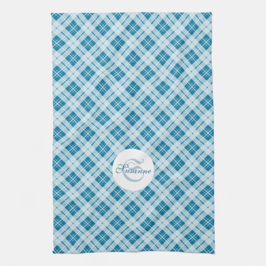 Light Blue Tartan Weihnachtsmuster Monogram Geschirrtuch (Vertikal)