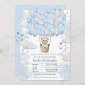 Light Blue Teddy Bear Hot Air Ballon Babydusche Einladung (Vorne/Hinten)