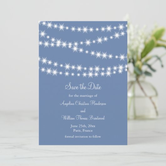 Light Blue Twinkle Lights Save the Date (Stehend Vorderseite)