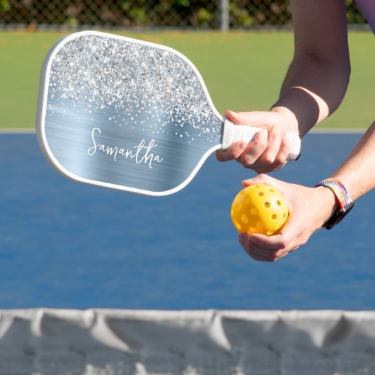 Light Blue und Glittery Silver Glam Script Name Pickleball Schläger (InSitu)