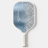 Light Blue und Glittery Silver Glam Script Name Pickleball Schläger (Vorderseite)