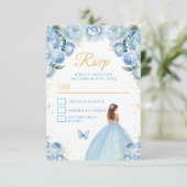 Light Blue und Gold Brown Hair Princess RSVP Karte (Stehend Vorderseite)