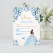 Light Blue und Gold Dark Skin Princess RSVP Karte (Stehend Vorderseite)