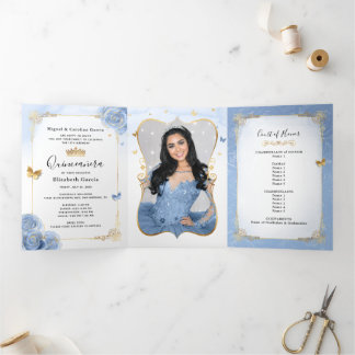 Light Blue und Gold Elegantes Spanisches Foto Quin Dreifach Gefaltete Einladung