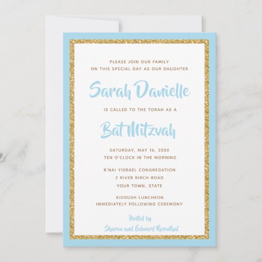 Light Blue und Gold Glitzer Rectangle Bat Mitzvah Einladung (Vorderseite)
