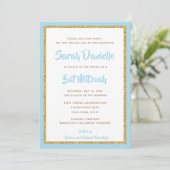 Light Blue und Gold Glitzer Rectangle Bat Mitzvah Einladung (Stehend Vorderseite)
