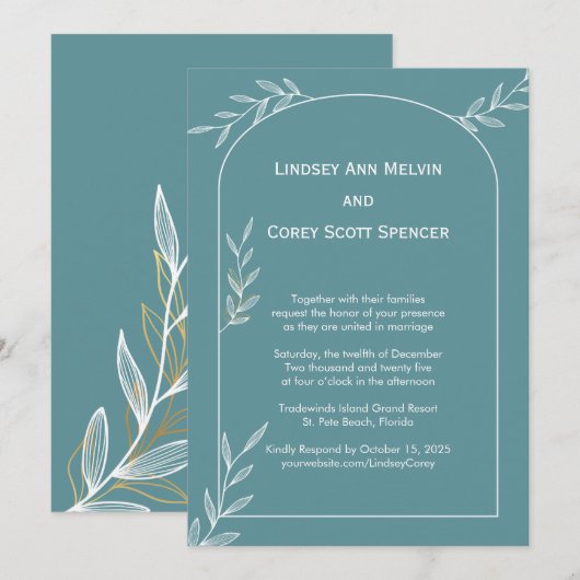 Light Blue und Gold Leaf Wedding Einladung (Vorne/Hinten)