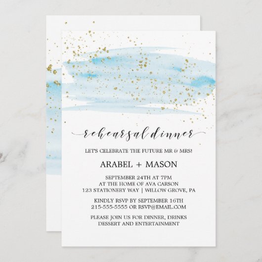 Light Blue und Gold Probe Dinner Einladung (Vorne/Hinten)