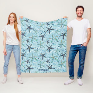 Light Blue und Gold Starfish auf Ozeanwellenmuster Fleecedecke