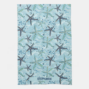 Light Blue und Gold Starfish auf Ozeanwellenmuster Geschirrtuch