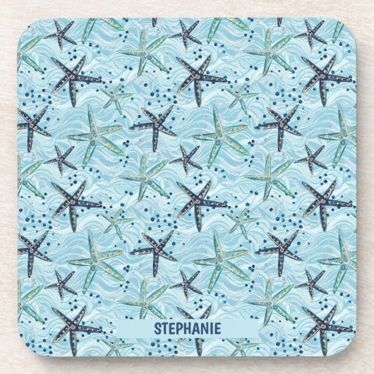 Light Blue und Gold Starfish auf Ozeanwellenmuster Getränkeuntersetzer (Vorderseite)
