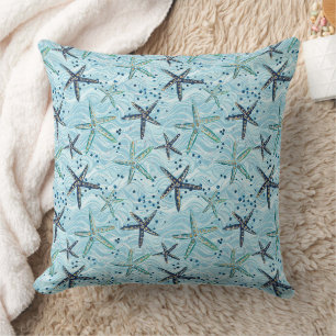 Light Blue und Gold Starfish auf Ozeanwellenmuster Kissen