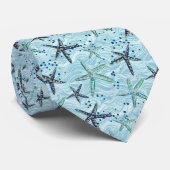 Light Blue und Gold Starfish auf Ozeanwellenmuster Krawatte (Gerollt)