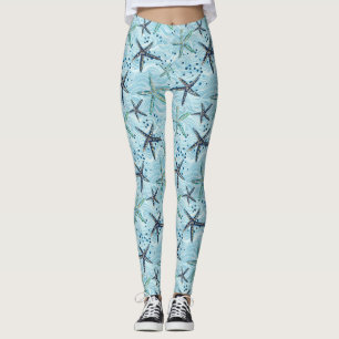 Light Blue und Gold Starfish auf Ozeanwellenmuster Leggings