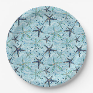 Light Blue und Gold Starfish auf Ozeanwellenmuster Pappteller