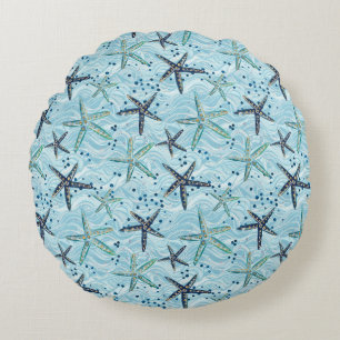 Light Blue und Gold Starfish auf Ozeanwellenmuster Rundes Kissen