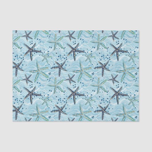 Light Blue und Gold Starfish auf Ozeanwellenmuster Seidenpapier (Vorderseite)