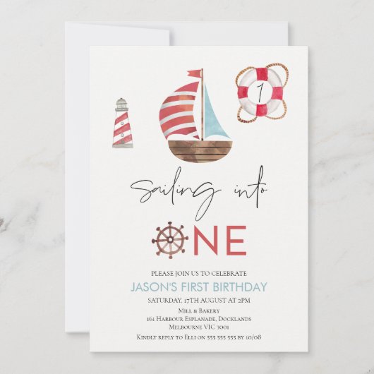 Light Blue und Red Nautical Segelboot 1. Geburtsta Einladung (Vorderseite)