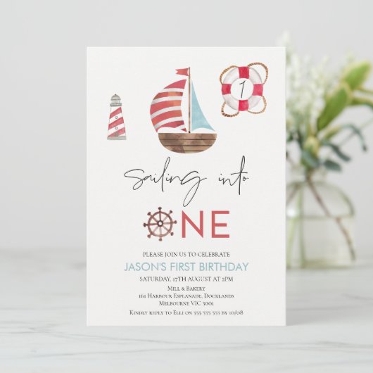 Light Blue und Red Nautical Segelboot 1. Geburtsta Einladung (Stehend Vorderseite)
