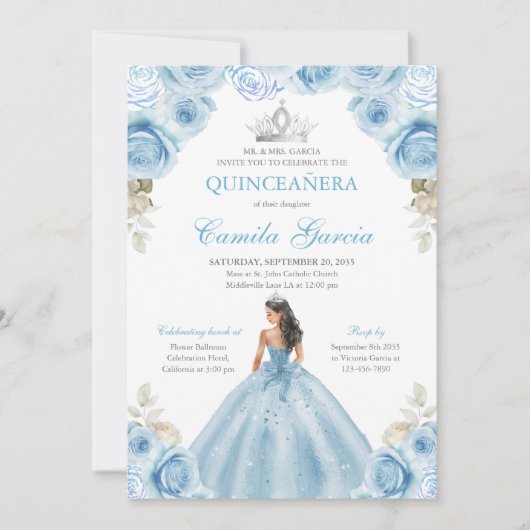 Light Blue und Silver Floral Princess Quinceañera Einladung (Vorderseite)