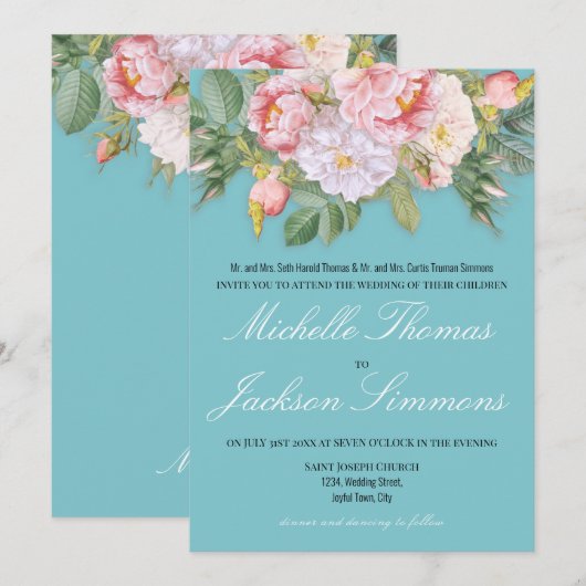 Light Blue Vintag Pink Roses Romantische Hochzeit Einladung (Vorne/Hinten)