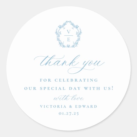 Light Blue Wappen Monogram Wedding Vielen Dank Runder Aufkleber (Vorderseite)