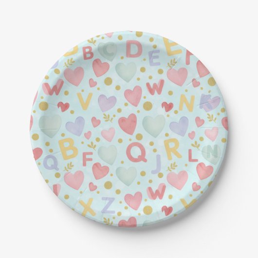 Light Blue Watercolor  ABCs & Hearts Theme Pappteller (Vorderseite)