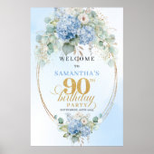 Light Blue Watercolor Floral 90th birthday welcome Poster (Vorne)