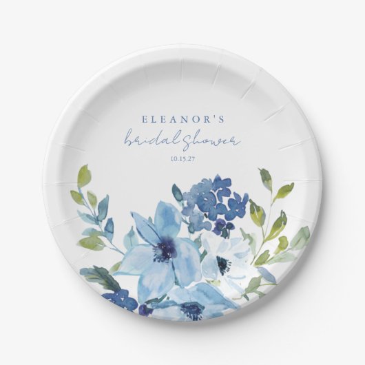 Light Blue Watercolor Floral Brautparty Custom Pappteller (Vorderseite)