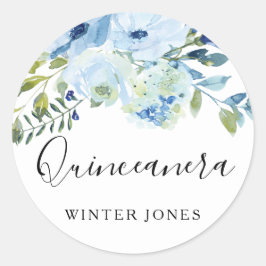 Light Blue Watercolor Floral Quinceanera Party Runder Aufkleber