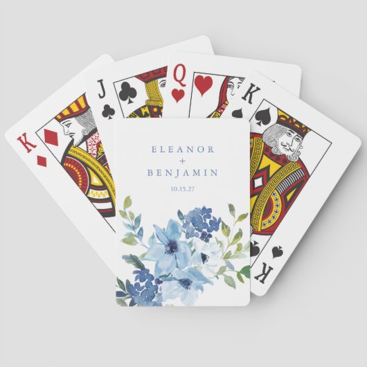 Light Blue Watercolor Floral Wedding Names Gefalle Spielkarten (Rückseite)