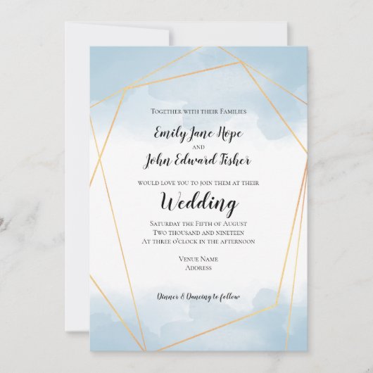 Light Blue Watercolor Gold Geometric Wedding Einladung (Vorderseite)