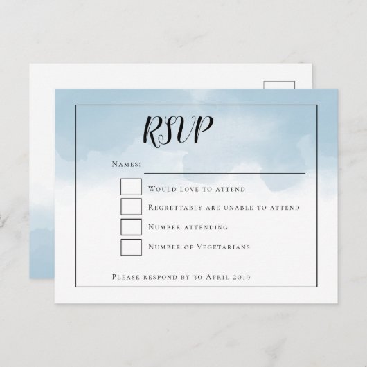 Light Blue Watercolor Script Wedding RSVP Postkarte (Vorne/Hinten)