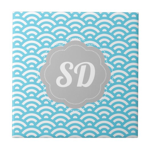 Light Blue Wave Custom Monogram Fliese (Vorderseite)